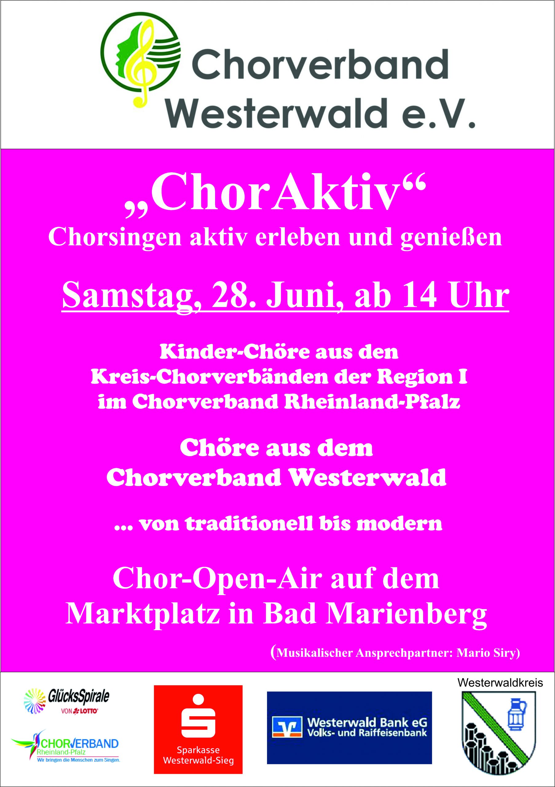 28 Haziran'da Chorverband Westerwald tarafından sunulan Bad Marienberg pazar meydanında ChorAktiv 2025 etkinliği posteri
